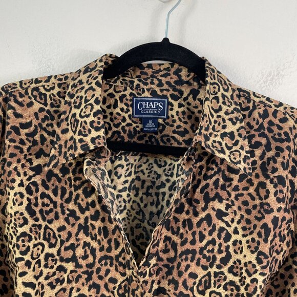 Chaps Classics Womens Plus 1X Leopard Animal Print Button Up Shirt Long Sleeve - Picture 8 of 9